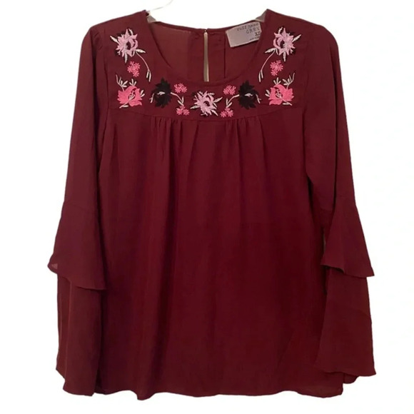 Ruff Hewn Grey Burgundy Boho Top - Picture 1 of 5